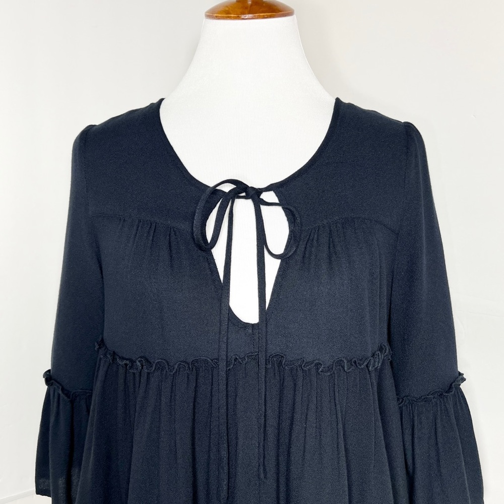 SOLD-Romeo+Juliet Couture Navy Blue Ruffled Tiered Bell Sleeve Tie Neck Top - Picture 7 of 10
